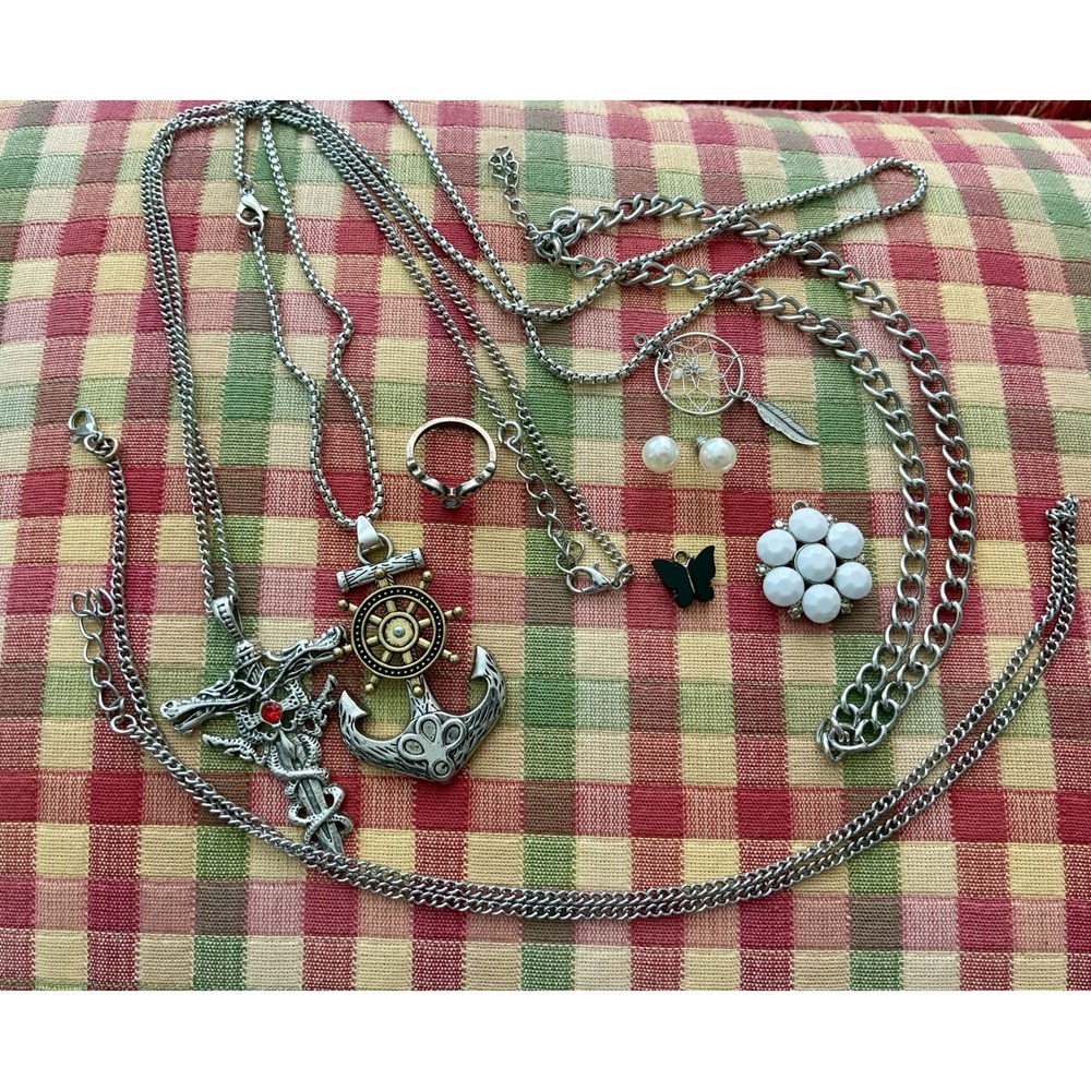 Jewelry Lot Silver Tone Gothic Cross Nautical Anchor Necklace Ring Charms